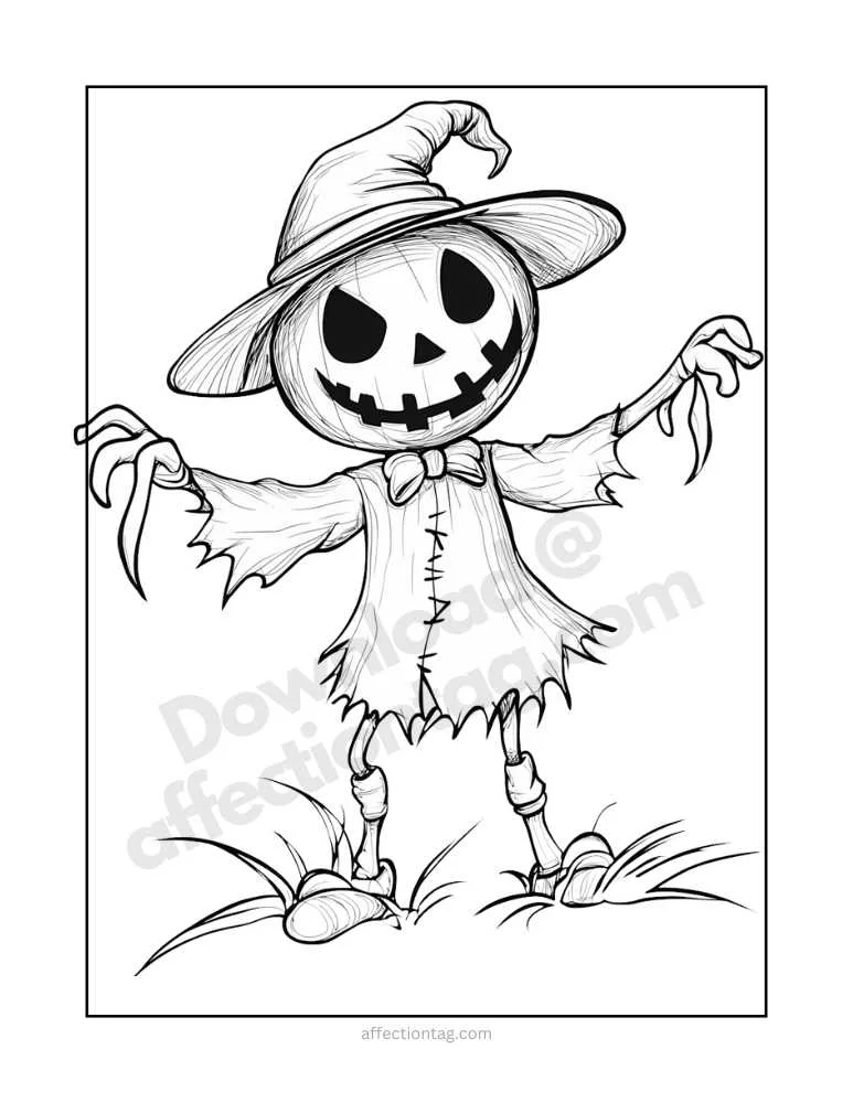 Spooky Halloween Scarecrow Coloring Pages to Download Now! 4 A spooky but playful scarecrow with a Jack-o'-lantern head, arms raised and standing in a field, wearing a witch hat and torn clothes.