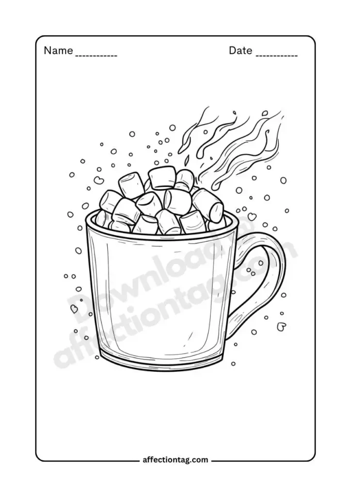 Create Holiday Magic: Festive Christmas Food Coloring Pages by Dipti Sarkar 2 Drawing of a steaming mug of hot chocolate filled with marshmallows, creating a cozy winter feel