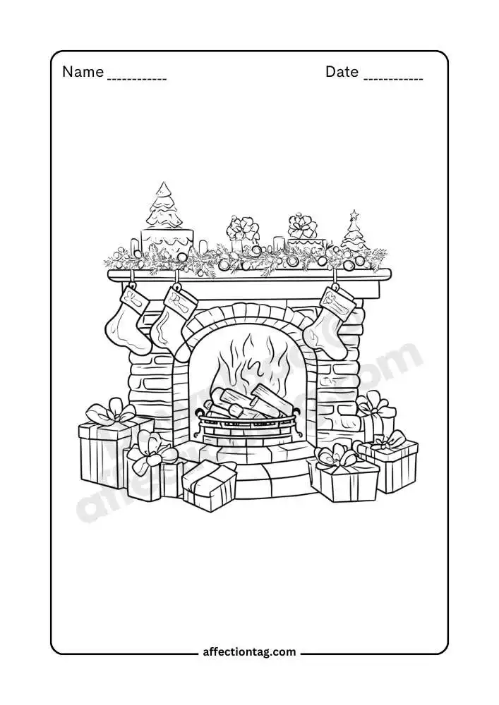 Cozy Holiday Fun: Christmas Fireplace Coloring Pages by Dipti Sarkar 3 A detailed fireplace with stockings, Christmas decorations, and a pile of gifts. The mantel has holiday decorations, including a mini Christmas tree and festive greenery.