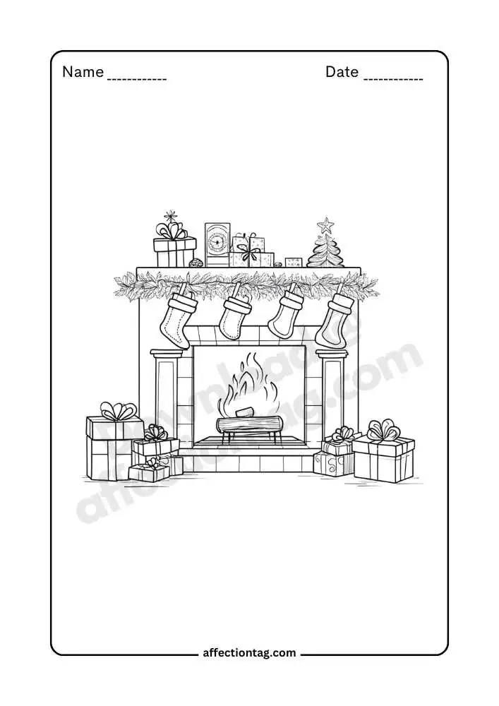 Cozy Holiday Fun: Christmas Fireplace Coloring Pages by Dipti Sarkar 2 A cozy fireplace decorated with stockings, gifts, and holiday decor. The mantel is adorned with presents, a small Christmas tree, and festive ornaments.