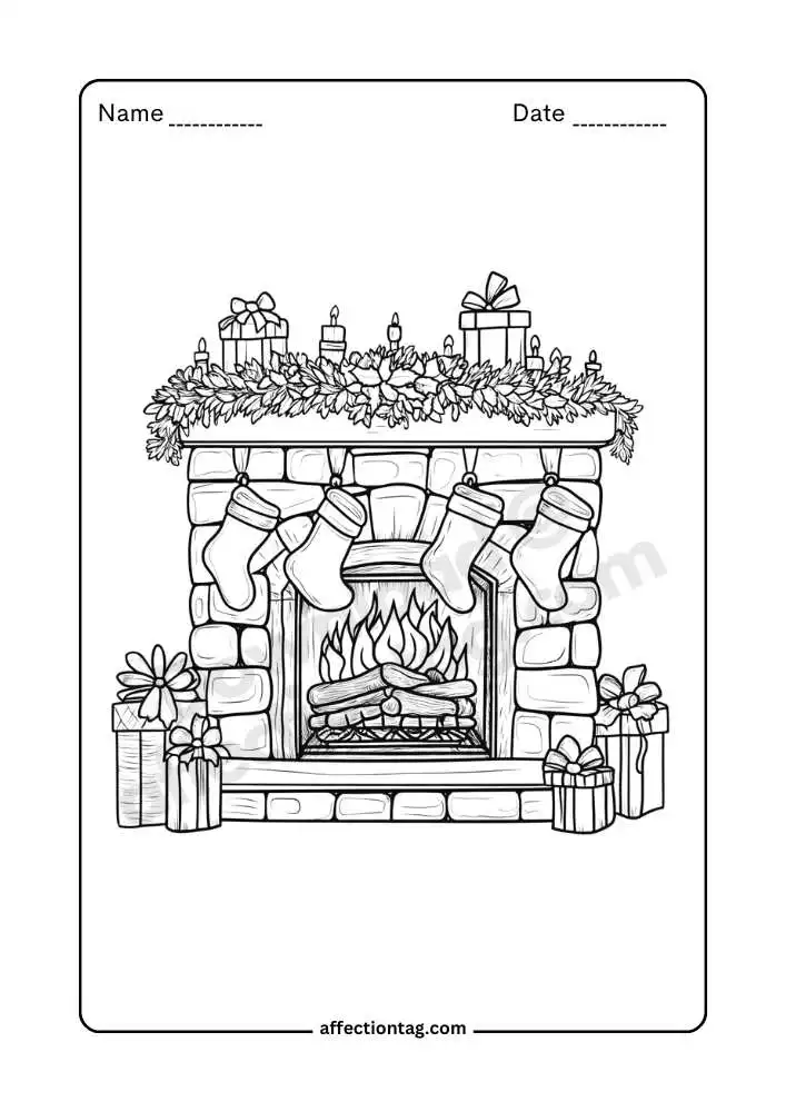 Cozy Holiday Fun: Christmas Fireplace Coloring Pages by Dipti Sarkar 6 A stone fireplace with a burning fire, decorated with stockings, garlands, and candles. Holiday gifts are arranged around the hearth.