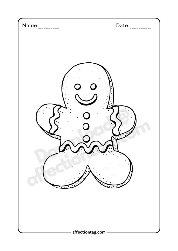 Create Holiday Magic: Festive Christmas Food Coloring Pages by Dipti Sarkar 6 Illustration of a classic gingerbread man cookie with a smiling face and icing details on its arms and legs.