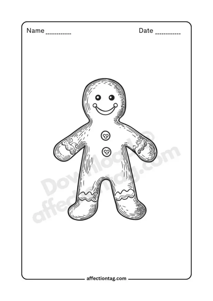 Create Holiday Magic: Festive Christmas Food Coloring Pages by Dipti Sarkar 7 Outline of a cheerful gingerbread cookie with a smile and decorative icing details.