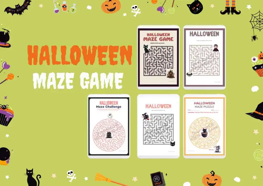 Halloween Maze Game: Free Printable Fun for Halloween 1 Halloween maze game featuring five different maze puzzles with spooky Halloween-themed designs such as witches, pumpkins, and cats. Fun and engaging activity for kids during the Halloween season. Free printable