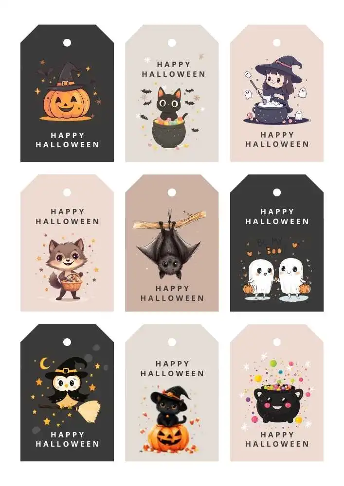 Free Printable Halloween Gift Tags for a Spooky Season 2 A variety of Halloween gift tags featuring characters like witches, black cats, bats, and ghosts. Perfect for Halloween party favors and gifts. ©affectiontag.com