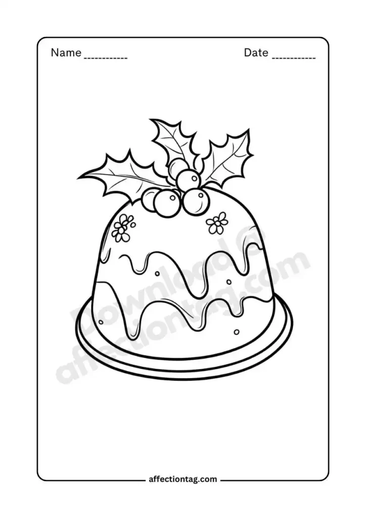 Create Holiday Magic: Festive Christmas Food Coloring Pages by Dipti Sarkar 9 Illustration of a Christmas pudding topped with holly leaves and berries, dripping icing down the sides.