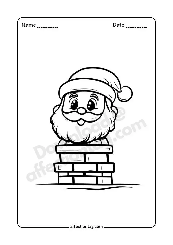 Santa peeking out of chimney coloring page, classic Christmas scene.