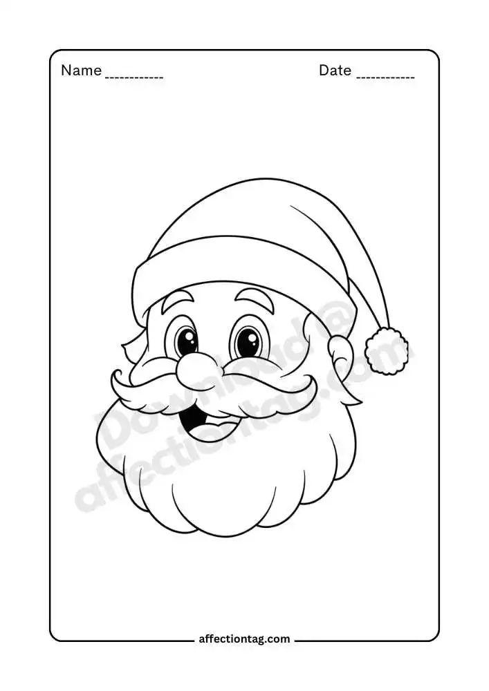 Traditional Santa Claus face coloring page with cheerful smile.