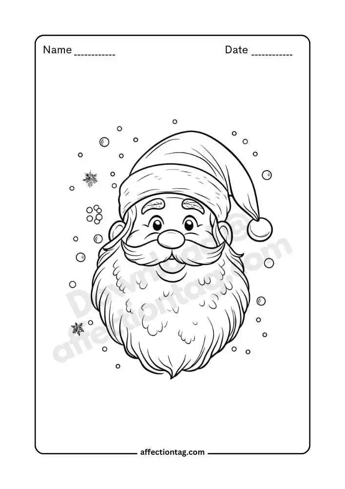 Santa face with snowflakes coloring page, festive holiday craft.