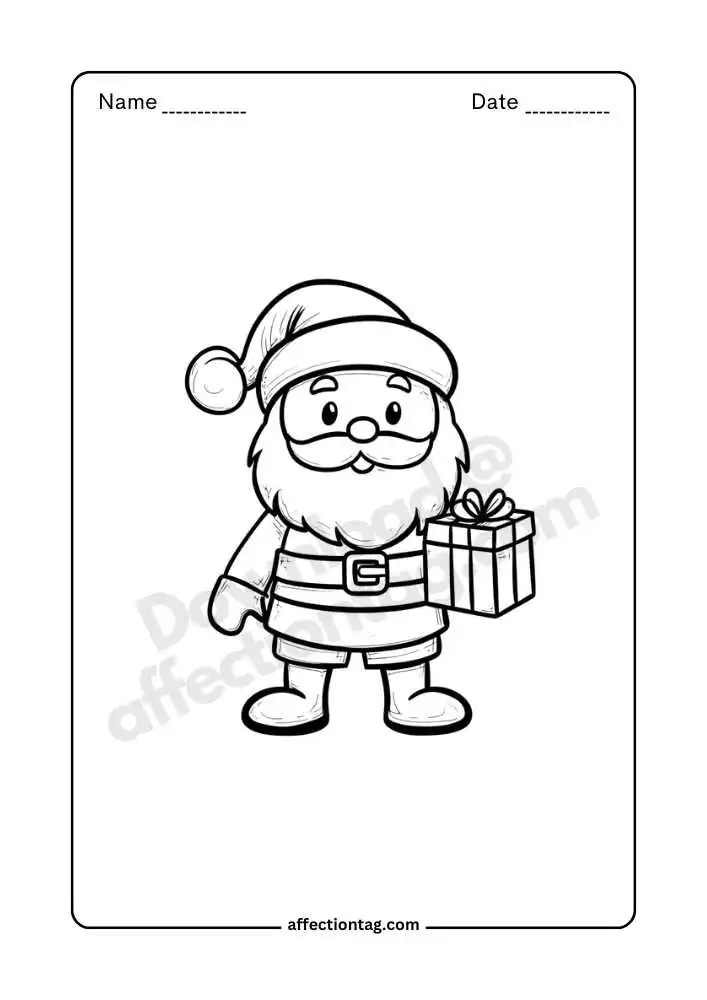 Santa holding a gift coloring page, spreading holiday joy.