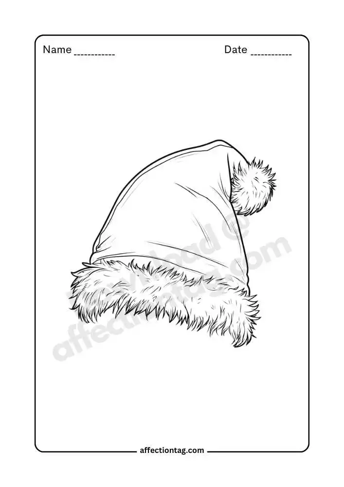 Detailed Santa Claus hat coloring page for kids.