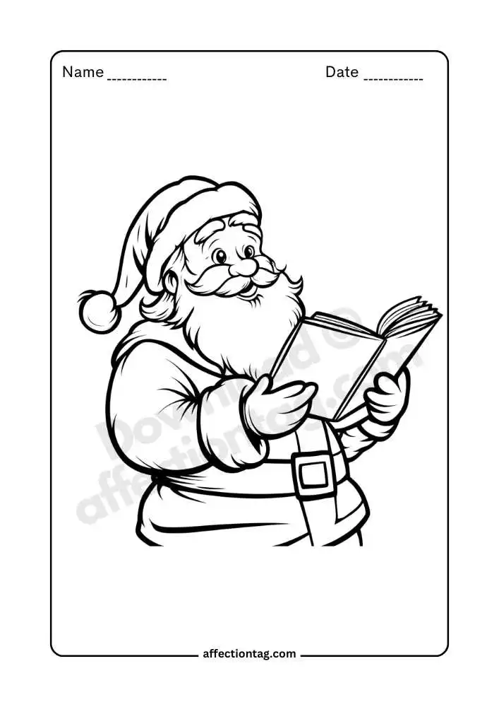 Santa Claus reading book coloring page, holiday storytelling.