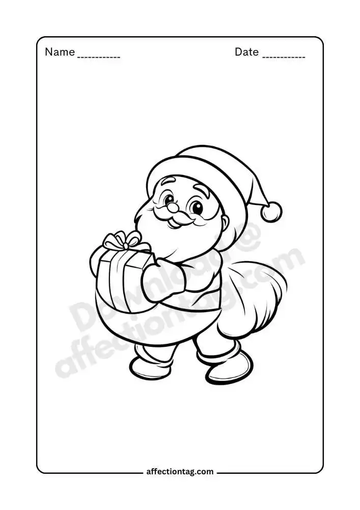 Santa holding present coloring page, ready to deliver gifts.