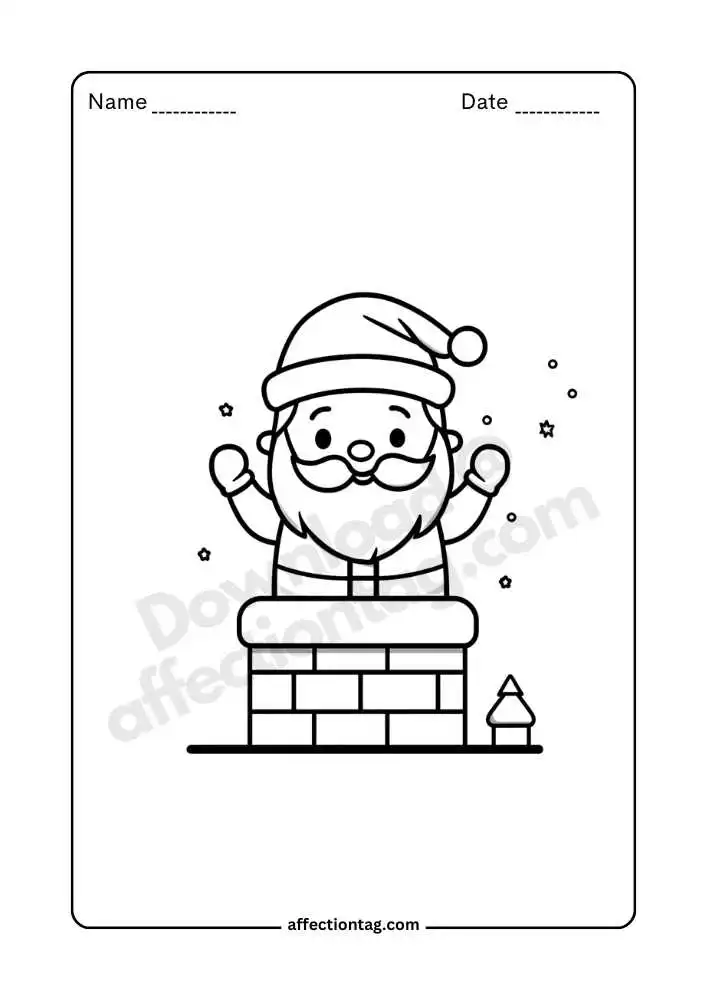 Santa Claus in chimney with stars coloring page, festive magic.