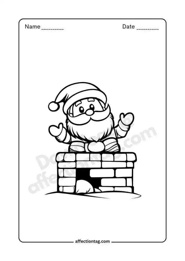 Santa waving from chimney coloring page, Merry Christmas greeting.