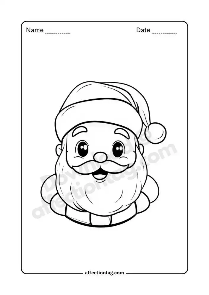 Close-up portrait of Santa Claus coloring page, kind eyes and smile.