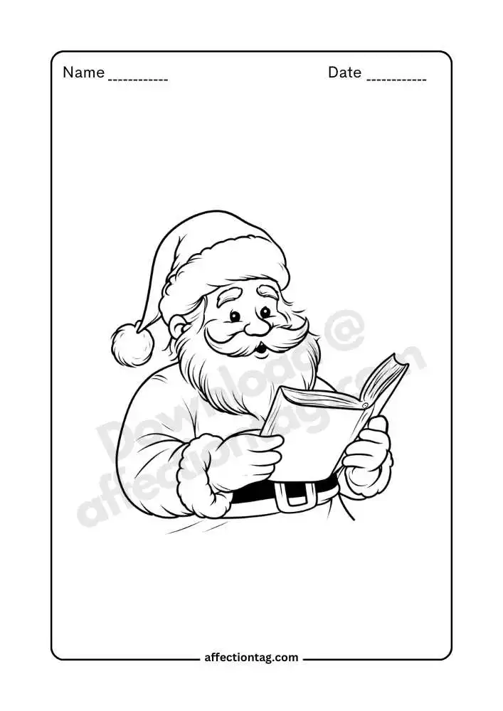 Santa Claus reading book coloring page, encouraging reading.