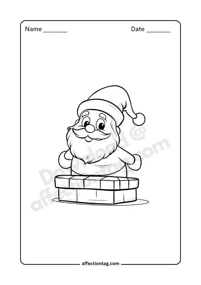 Santa sitting on chimney coloring page, Christmas Eve scene.