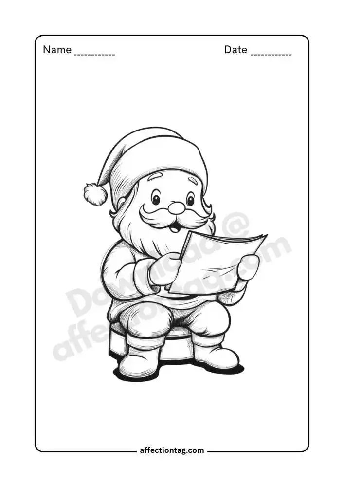 Santa Claus reading letter coloring page, inspire kids to write.