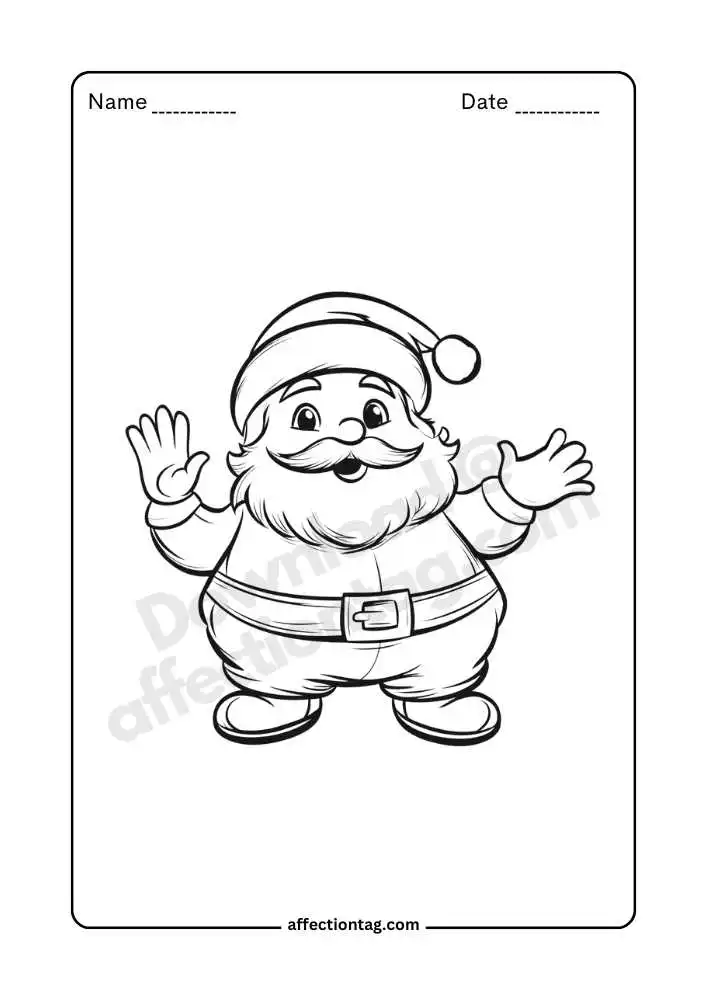 Santa Claus spreading arms wide coloring page, warm welcome.