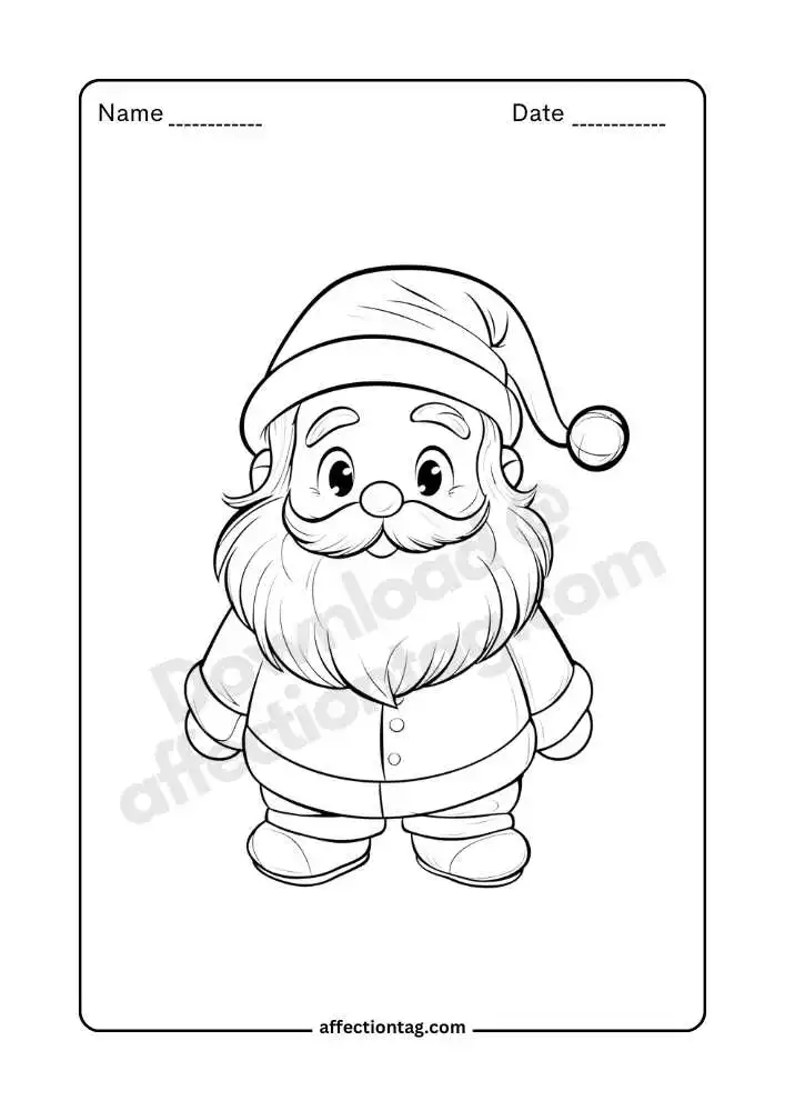 Santa Claus standing full-body coloring page, cheerful pose.