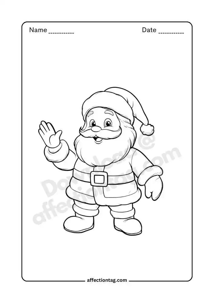 Santa Claus waving coloring page, friendly Christmas greeting.