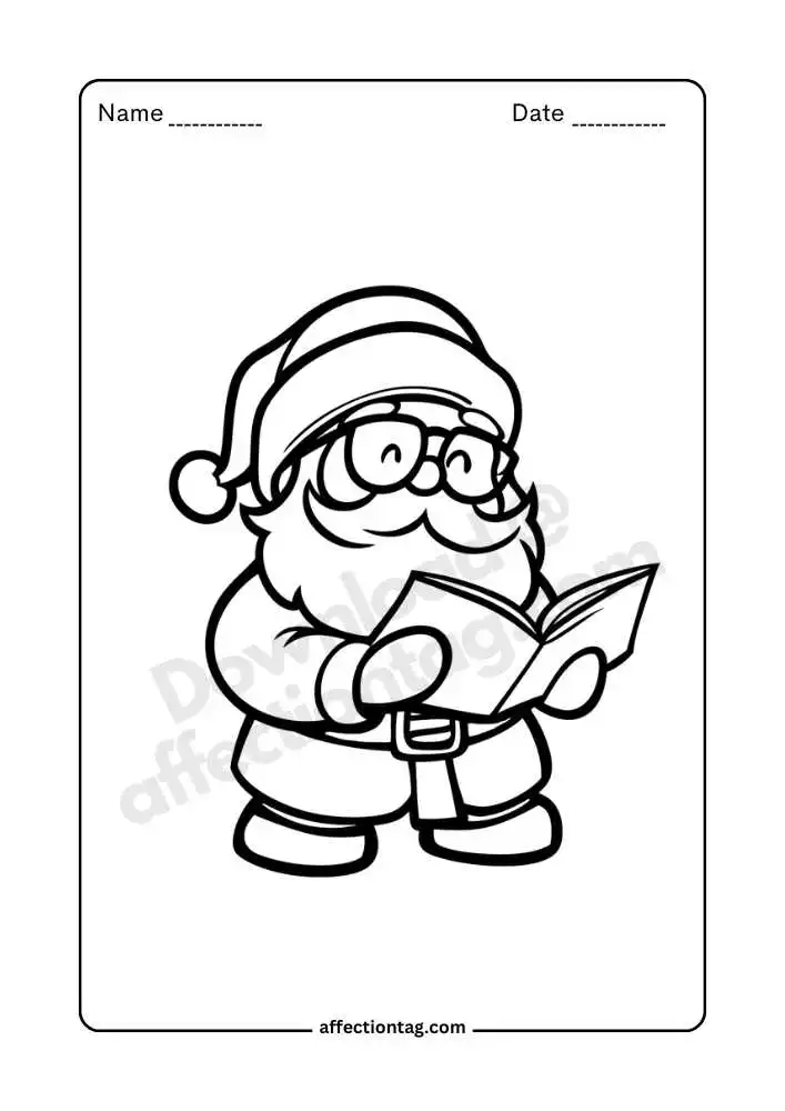 Santa Claus with glasses reading coloring page, thoughtful scene.