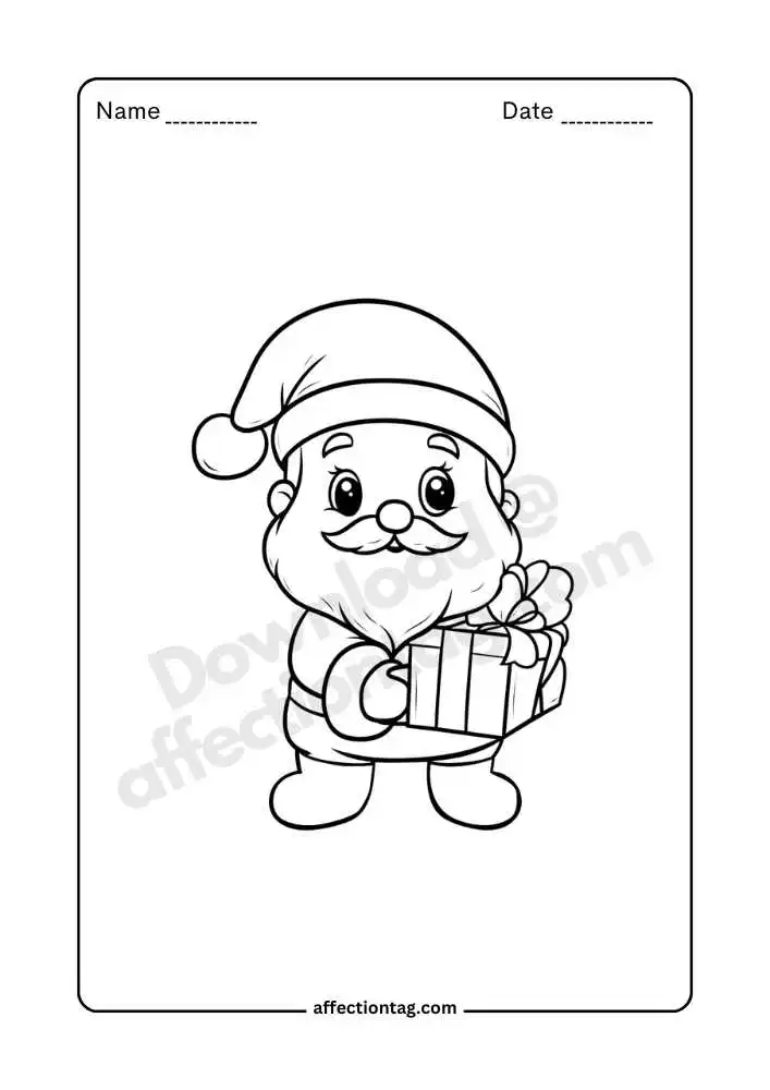 Santa holding present coloring page, delivering holiday happiness.