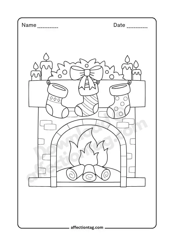 Cozy Holiday Fun: Christmas Fireplace Coloring Pages by Dipti Sarkar 5 A simplified fireplace with three stockings hanging from the mantel. The mantel has candles and a large decorative bow, adding a festive touch.
