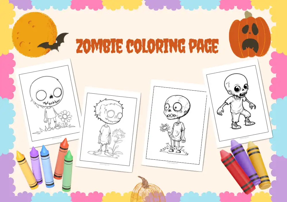 Free Halloween Zombie Coloring Page to Print and Enjoy 1 A collection of four printable zombie-themed coloring pages, each featuring cute and spooky zombie characters. The background includes Halloween decorations like pumpkins, bats, crayons, and colorful borders. Perfect for Halloween-themed activities for kids and adults ©affectiontag.com.