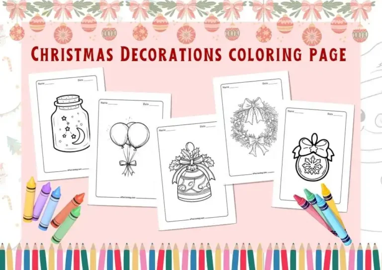 Christmas Decorations Coloring Page - A festive set of Christmas coloring pages featuring different holiday decorations, including a jar with stars and a crescent moon, two balloons tied with a ribbon, a decorative holiday bell with holly, a Christmas wreath with a bow, and an ornament with a snowflake design. Surrounded by crayons and a festive holiday-themed border.