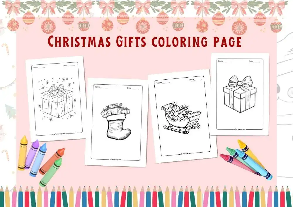 Color Your Holidays: Christmas Gift Coloring Pages for Festive Fun! 1 Christmas Gifts Coloring Page - A cheerful set of coloring pages featuring various Christmas gift-themed illustrations, including wrapped presents with bows, a Christmas stocking filled with gifts, and a sleigh carrying multiple presents. The display is adorned with crayons and a holiday-themed decorative border at the top and bottom.