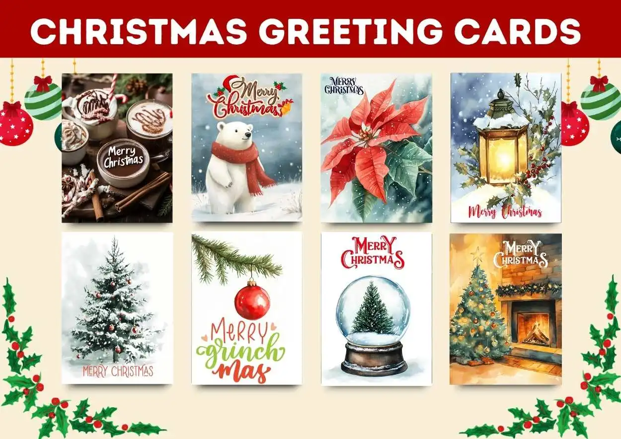 Free Christmas Cards to Print – Download Festive Cards for Personal Use 1 A selection of eight Christmas greeting cards displayed in two rows under a bold red banner reading "CHRISTMAS GREETING CARDS.