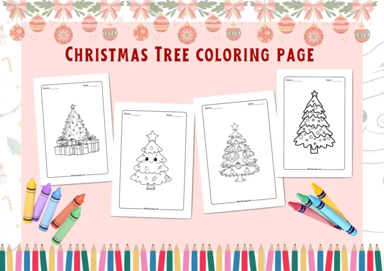 Christmas Decorations Coloring Page - A festive set of Christmas coloring pages featuring different holiday decorations, including a jar with stars and a crescent moon, two balloons tied with a ribbon, a decorative holiday bell with holly, a Christmas wreath with a bow, and an ornament with a snowflake design. Surrounded by crayons and a festive holiday-themed border.