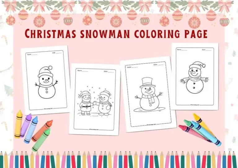 Christmas Snowman Coloring Page - A festive collection of snowman-themed coloring pages, featuring different snowman designs including a simple snowman with a hat, a snowman with Santa, a classic snowman with a top hat, and a smiling snowman with a scarf. The display is decorated with crayons and a holiday-themed border at the top and bottom.