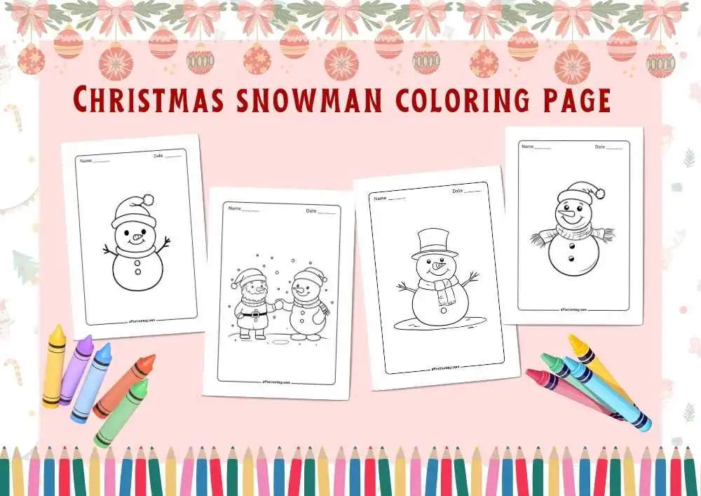 Christmas Snowman Coloring Page - A festive collection of snowman-themed coloring pages, featuring different snowman designs including a simple snowman with a hat, a snowman with Santa, a classic snowman with a top hat, and a smiling snowman with a scarf. The display is decorated with crayons and a holiday-themed border at the top and bottom.