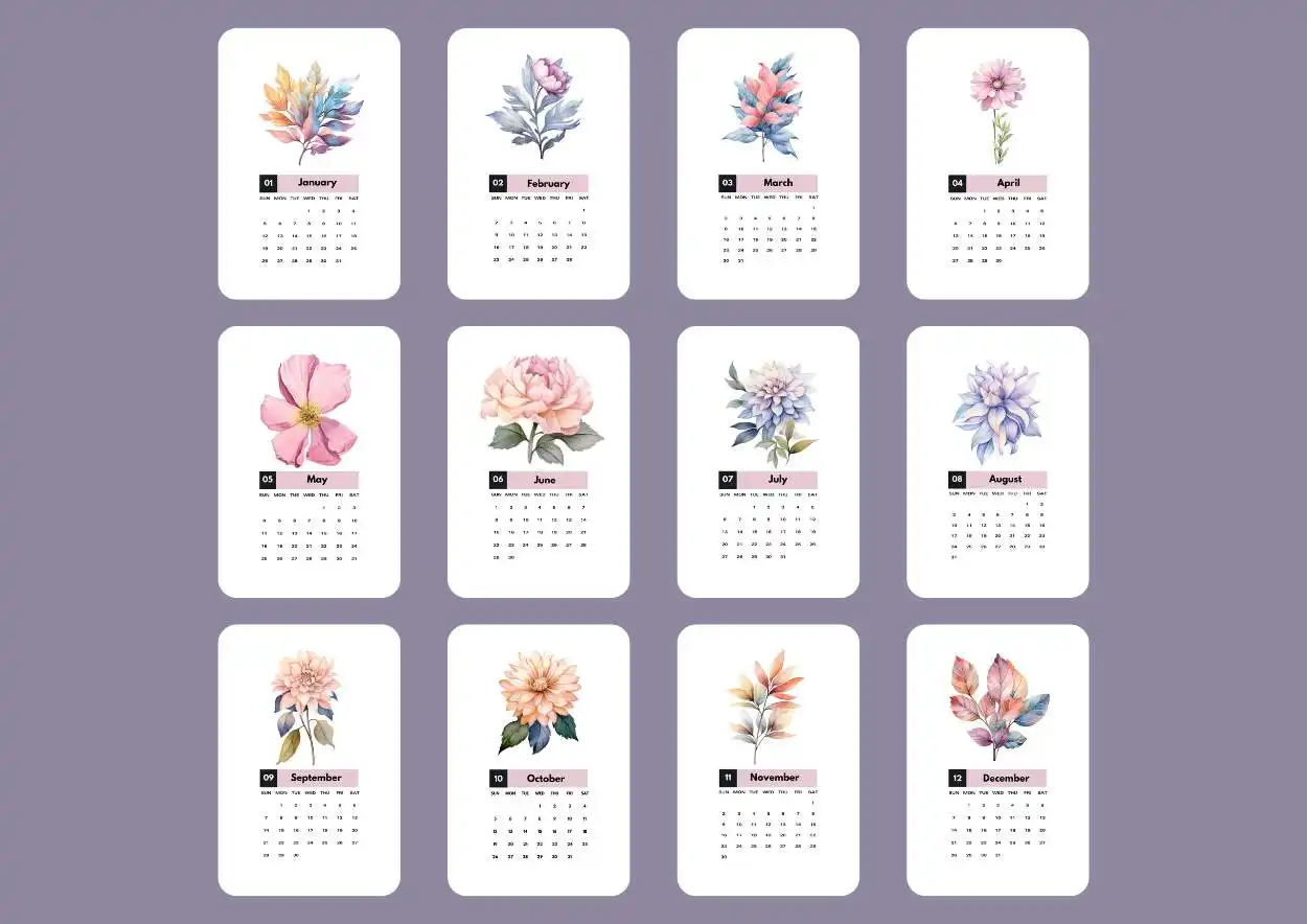 Bloom Calendar 2025 – Free Printable Monthly Botanical Designs2025 Bloom Calendar 1 2025 Bloom Calendar featuring a collection of beautifully designed monthly illustrations, including flowers and leaves for each month, on a stylish purple background. Copyright © affectiontag.com