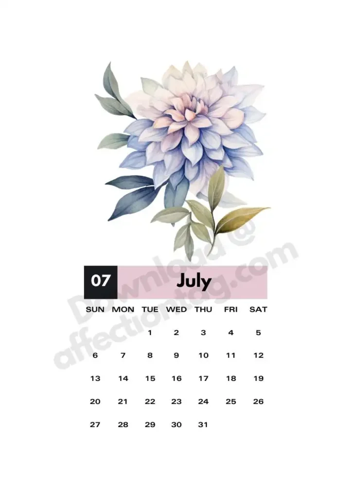 Bloom Calendar 2025 – Free Printable Monthly Botanical Designs2025 Bloom Calendar 8 A beautiful dahlia flower graces the July 2025 calendar layout. ©affectiontag.com.