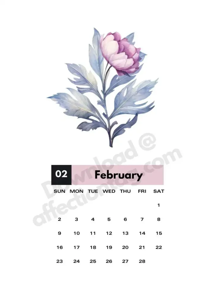 Bloom Calendar 2025 – Free Printable Monthly Botanical Designs2025 Bloom Calendar 3 A lovely pink peony flower embellishes the February 2025 calendar. ©affectiontag.com.
