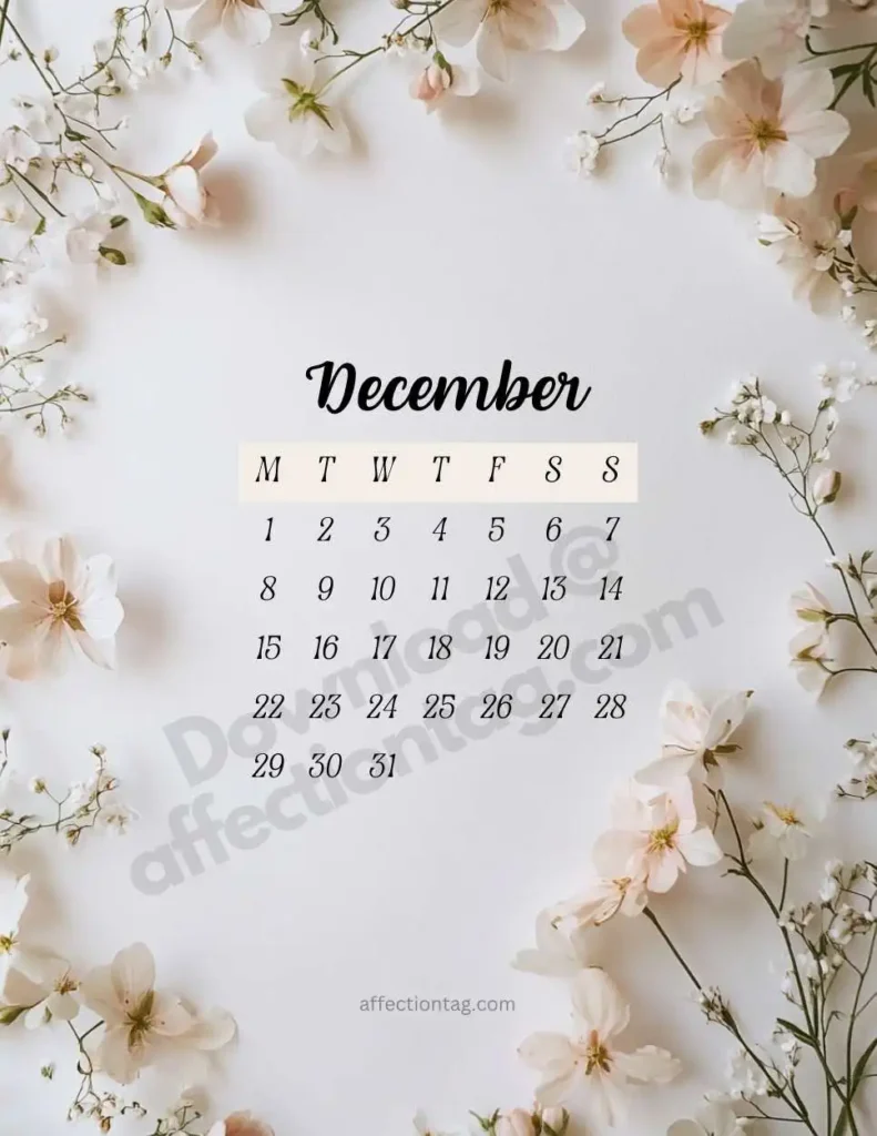 December 2025 Floral Calendar with white and soft pink flowers, designed for an elegant and minimalistic theme. ©affectiontag.com