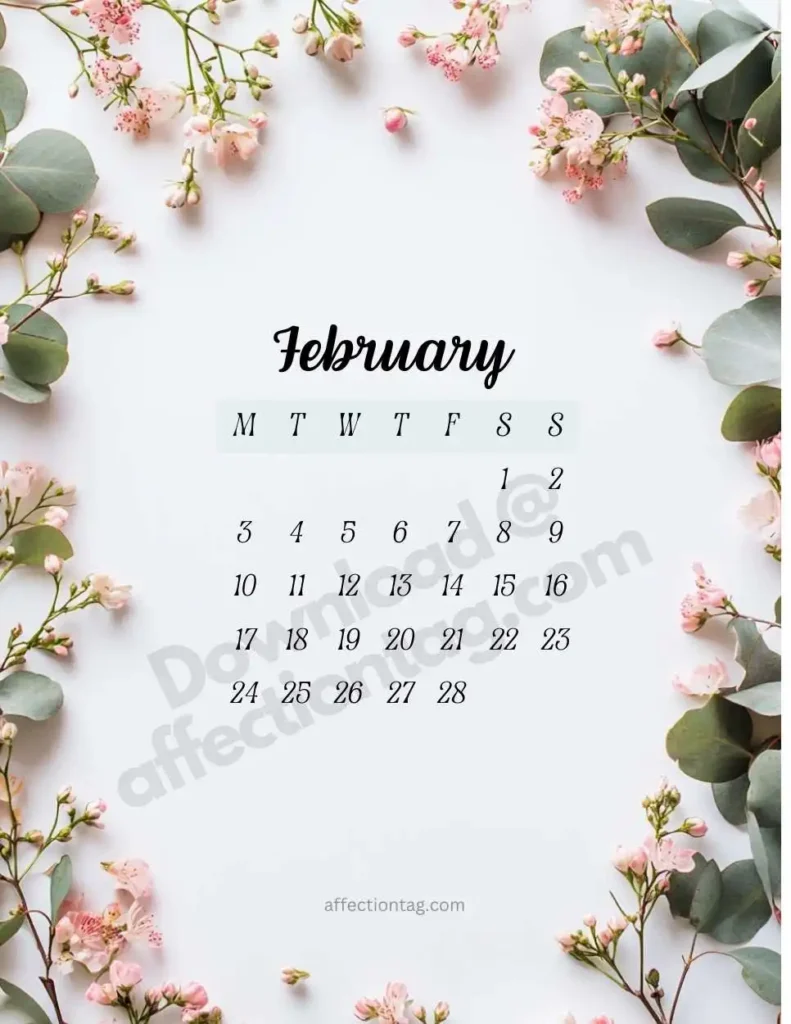 February 2025 Floral Calendar featuring lush green leaves and pink blossoms, perfect for romantic and fresh vibes. ©affectiontag.com