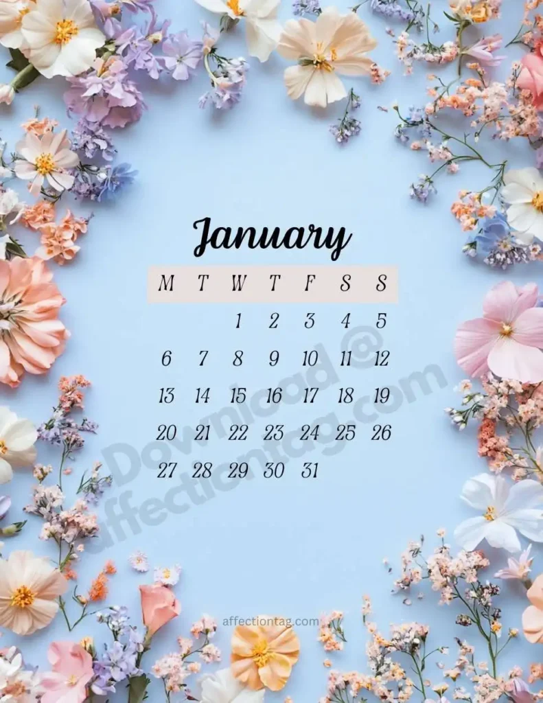 January 2025 Floral Calendar with vibrant pastel flowers on a sky-blue background, ideal for a cheerful start to the year. ©affectiontag.com