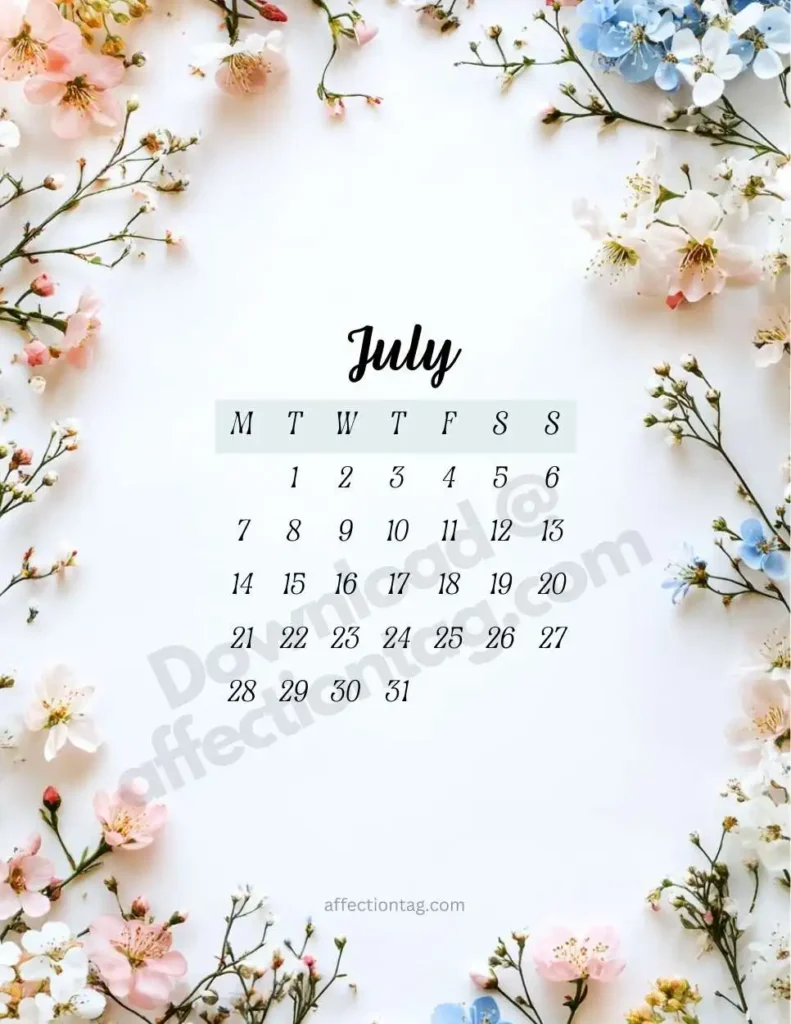 July 2025 Floral Calendar with soft white and pink flowers arranged on a bright white background, perfect for midsummer vibes. ©affectiontag.com