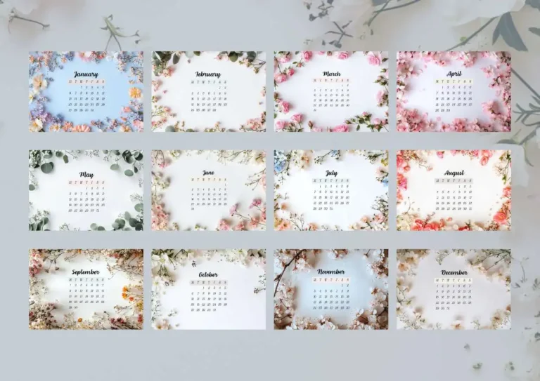 Floral Calendar 2025 Landscape featuring a collection of all 12 months displayed in a grid layout, each with unique floral designs representing the seasons. The calendar showcases January with pastel hues, February with pink blossoms, March with vibrant roses, April with cherry blossoms, May with eucalyptus leaves, June with delicate flowers, July with blue and pink blooms, August with bright floral patterns, September with rustic tones, October with white flowers, November with warm autumn hues, and December with soft winter blossoms. ©affectiontag.com