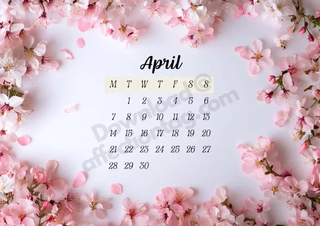 April 2025 Floral Calendar highlighted by soft pink cherry blossoms scattered across the frame. ©affectiontag.com