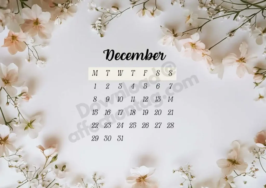 December 2025 Floral Calendar with soft white blossoms set against a serene white backdrop, perfect for winter. ©affectiontag.com