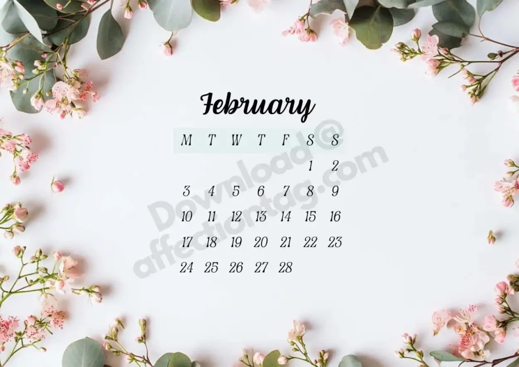 February 2025 Floral Calendar with delicate pink blossoms and eucalyptus leaves set against a white background for a serene look. ©affectiontag.com