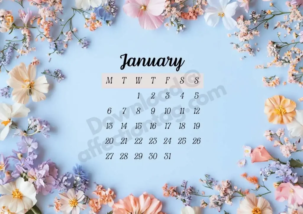 January 2025 Floral Calendar featuring a beautiful blue background adorned with pastel-colored flowers and a clean, minimalist design. ©affectiontag.com