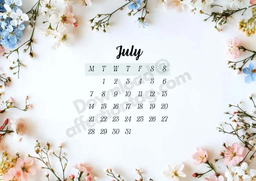 July 2025 Floral Calendar displaying a mix of blue and pink flowers for a refreshing summer vibe. ©affectiontag.com