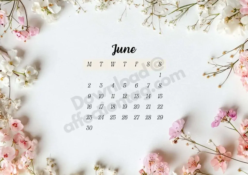 June 2025 Floral Calendar with delicate white and pink blossoms arranged elegantly around the calendar. ©affectiontag.com